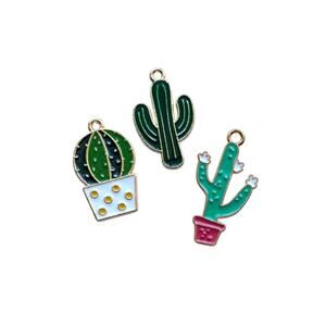 Whimsy Cute Cottage Green Enamel Cactus Mini Pendants Bracelet Charm Set